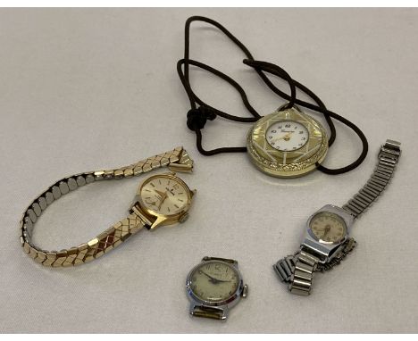 4 ladies vintage wrist watches in varying conditions. An 18ct gold cased Waldman with 1/10 rolled gold FT expanding strap (br