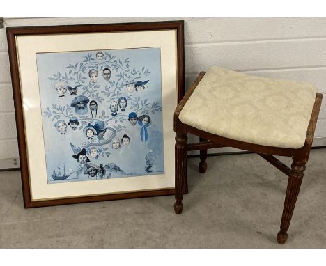 A vintage framed and glazed print "A Family Tree" by Norman Rockwell. Together with a vintage wooden stool with turned column