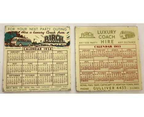 2 x 1950's Birch Bros. Luxury Coash Hire ceramic tile calendars, 1953 &amp; 1954.  Both approx. 15 x 15 cm.