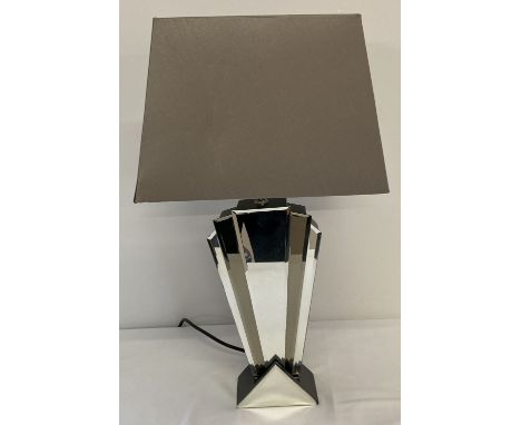 A modern Art Deco style table lamp with mirror detail. With silver lampshade a/f. Total height approx. 55cm.
