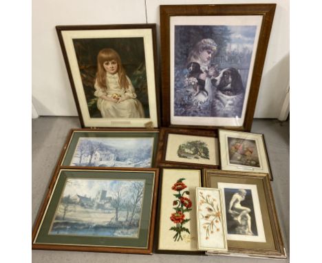 9 vintage and modern framed pictures and prints, some glazed. To include a Riddle &amp; Coughman print of "Daughter Of Eve", 