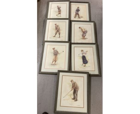A collection of 7 framed and glazed prints of golfers through the ages with TR 1700 gallery stamp. Pencilled information to e