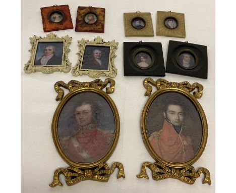 A collection of 10 (5 pairs) of framed and glazed miniature portrait prints. In varying sizes. Largest frame size approx. 23c
