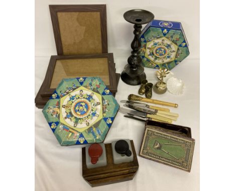 A box of mixed vintage and modern items. To include picture frames, vintage inkwell, Haarschneidemchine hair clippers and Gir