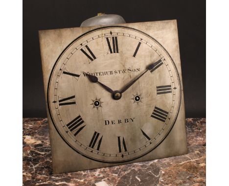 A 19th century Derbyshire longcase clock movement, 28cm square silvered dial inscribed WHITEHURST &amp; SON, DERBY, Roman num