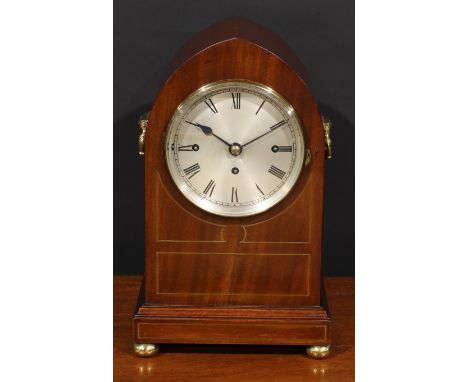 An Edwardian mahogany lancet shaped mantel clock, in the Regency taste, 16cm silvered dial inscribed with Roman numerals, tri
