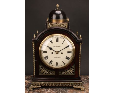 A 19th century brass mounted architectural bracket-form mantel clock, 20cm circular painted dial inscribed ROBT ROSKELL. LIVE