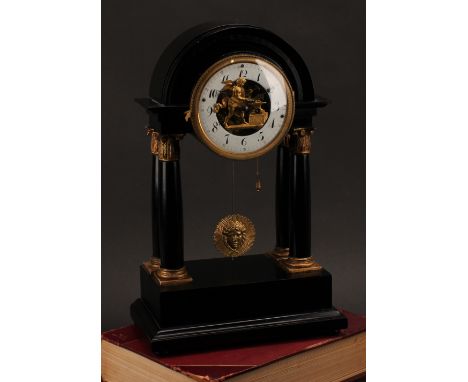 An Austrian Biedermeier ebonised automaton portico mantel clock, 11.5cm dial inscribed with Arabic numerals and centred by a 