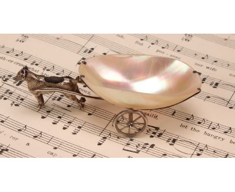 An Edwardian silver novelty pin cushion, as a dog pulling a mother of pearl cart, 11.5cm long, Levi &amp; Salaman, Birmingham