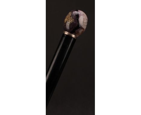 A Derbyshire Blue John mounted walking stick, ovoid pommel, ebonised cane, 89cm long overall 