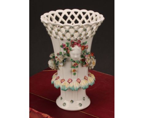 A Derby patch mark frill vase, lattice rim flowerhead diapers, applied with masks and flower encrusted swags, 17.5cm high, c.