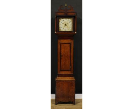 A George III oak and mahogany longcase clock, 28cm enamel dial inscribed Isaac Warner, Campden, date aperture, thirty hour mo