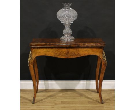 A Victorian Franglais gilt metal mounted walnut and marquetry serpentine card table, hinged top enclosing a baize lined playi