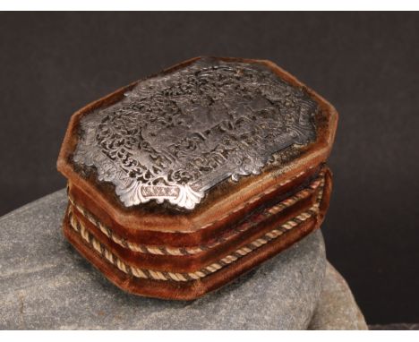 A 19th century Continental cut-steel mounted velvet canted rectangular trinket box, pierced and engraved with a Renaissance e