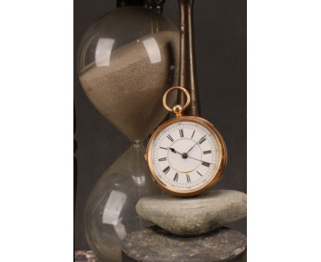 An 18ct gold open face key wind pocket watch by George Massey, Swadlincote, white enamel dial, Roman and Arabic numerals, cen