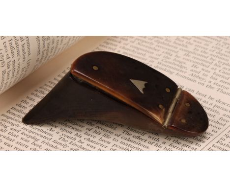 Snuff - a 19th century snuff box, formed from half of a small cloven hoof, the hinged cover with arrow head shaped cartouche,