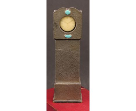 An Arts &amp; Crafts sheet pewter and simulated ‘Ruskin stone’ mounted novelty pocket watch stand, as a longcase clock, housi