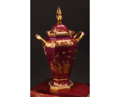 A large Spode tapered octagonal vase, decorated in gilt in the Chinoiserie taste with Chinese figures and pagodas in a landsc