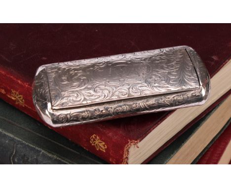 Nathaniel Mills - a Victorian silver rounded rectangular snuff box, engraved overall with scrolling foliage, flush-hinged cov