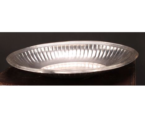 An 18th century Italian silver fluted navette shaped basin, 43cm wide,  Alderman's mark NS, Naplers 1786, 1282g 