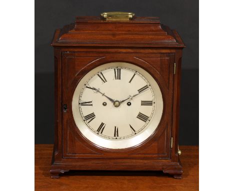 A George III mahogany bracket-form mantel clock, 20cm circular dial inscribed with Roman numerals, twin winding holes, eight 