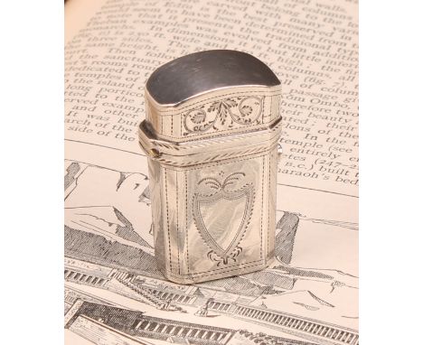 A George III silver etui, hinged domed cover, closing with a button, engraved with leafy scrolls, vacant shield shaped cartou
