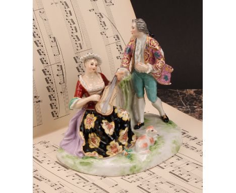 A Samson Paris porcelain figure group, of a gallant stood beside maiden, she seated playing the lute, painted in polychrome, 