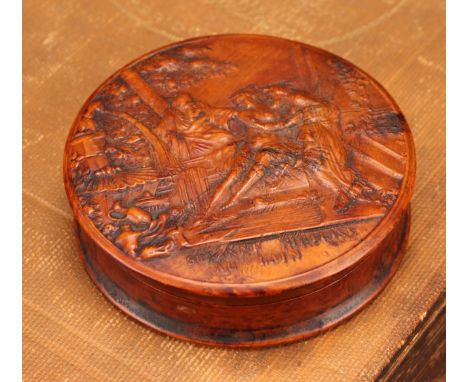 Snuff - A 19th circular century pressed walnut tortoiseshell lined snuff box, the cover decorated with Suzanne Surprise Au Ba