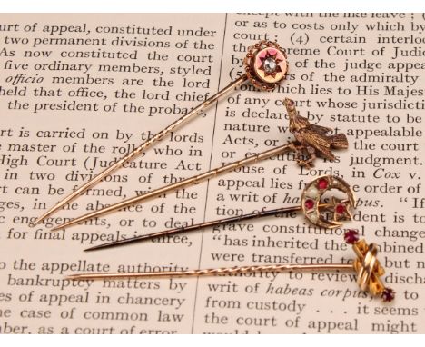 Stick Pins - a 9ct rose gold stick pin, as a crescent moon and star, set with ruby chips and seed pearls, Birmingham 1900, 0.