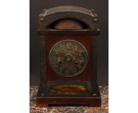 A Jugendstil oak mantel clock, 14cm dial embossed in the Arts and Crafts taste with Arabic numerals, twin winding holes, 14-d