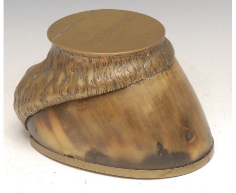 Horse Racing - a Victorian taxidermy thoroughbred horse hoof inkwell, the hinged cover inscribed Duke Humphrey 1856, 10.5cm w