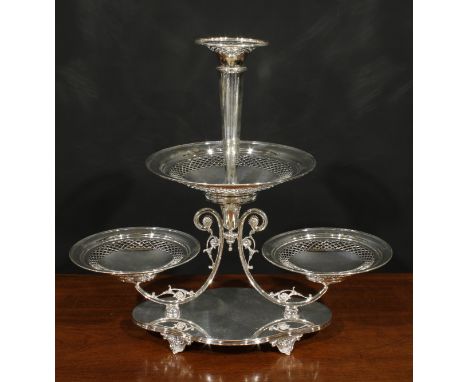 A Victorian E.P.N.S table centre epergne, central trumpet shaped flute above three circular dishes, pierced borders, serpenti