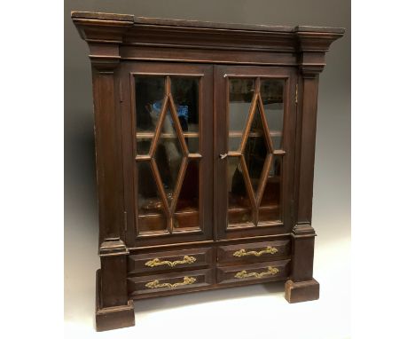 Miniature Furniture - a George III Revival mahogany library bookcase, inverted break-centre cornice above a pair of astragal 