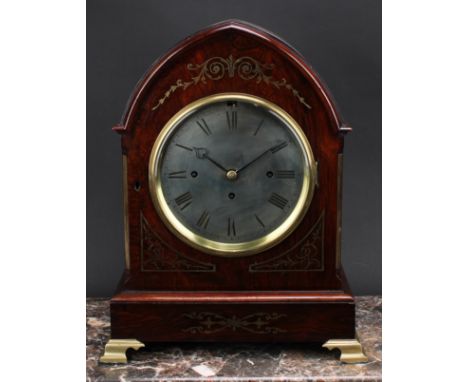 An Edwardian Regency Revival rosewood and brass marquetry lancet shaped bracket-form mantel clock, 19cm circular silvered dia