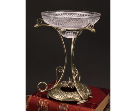 An early 20th century E.P.N.S table centrepiece epergne, hobnail-cut glass bowl above three scrolls, the domed base chased wi