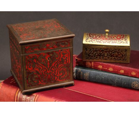 A 19th century Boulle and ebonised tea caddy, overhanging hinged cover, brass and tortoiseshell marquetry, 12cm high, 12cm wi