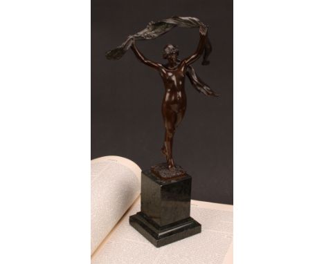 Manner of Louis-Ernest Barrias, an Art Nouveau period dark patinated bronze, Scarf Dancer, inscribed Akt=Ges:v.H.G&amp;S., (A