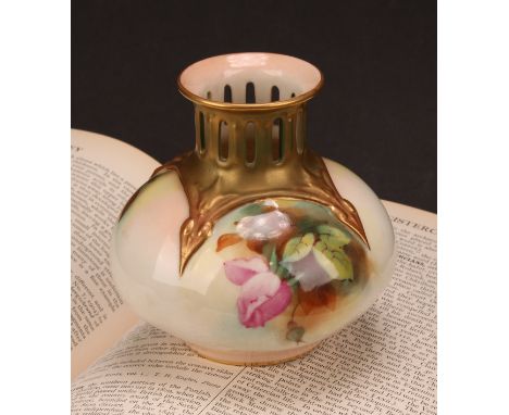 A Royal Worcester globular vase, with pierced neck painted with roses, in relief with tendrils, 10.5cm high, printed crown an