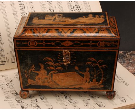 A Regency penwork sarcophagus tea caddy, decorated in the chinoiserie taste, hinged cover enclosing lidded compartments, ball