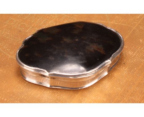Snuff - a George II/George III shield shape tortoiseshell and silver coloured metal snuff box, quite plain, unmarked, 8.5cm w