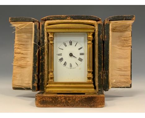 An early 20th century French gilt brass miniature carriage timepiece, 4cm rectangular enamel clock dial, key-wound movement w