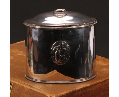A George III silver oval tea caddy, beaded borders, applied with Neo-Classical oval reserves, hinged domed cover with ring fi