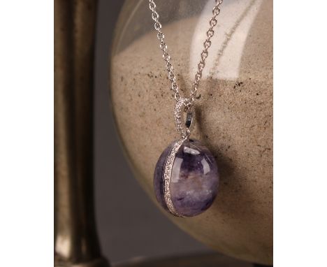 A Fabergé 18k white gold Blue John and diamond egg charm pendant, round brilliant cut central girdle of diamonds, total diamo