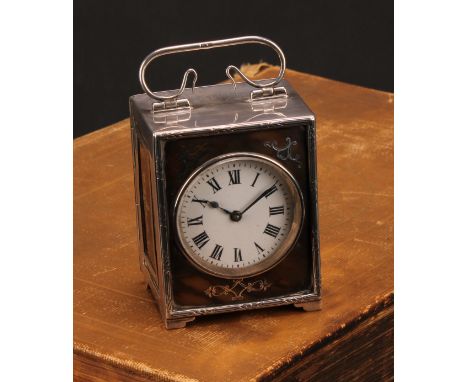 An Edwardian silver, tortoiseshell and pique carriage timepiece, 4.5cm circular enamel clock dial inscribed with Roman numera