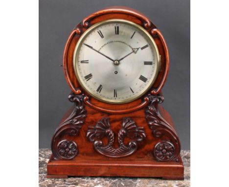 A William IV mahogany mantel clock, 21.5cm circular silvered dial inscribed JOHN MOORE &amp; SONS, CLERKENWELL, LONDON. 13134
