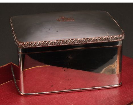 A George IV Old Sheffield rounded rectangular tea caddy, hinged cover with gadrooned border, 16cm wide, c.1825 