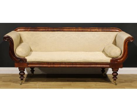 A George/William IV mahogany lyre arm sofa, stuffed-over upholstery, squab cushion, turned legs, 89cm high, 209cm wide, the s