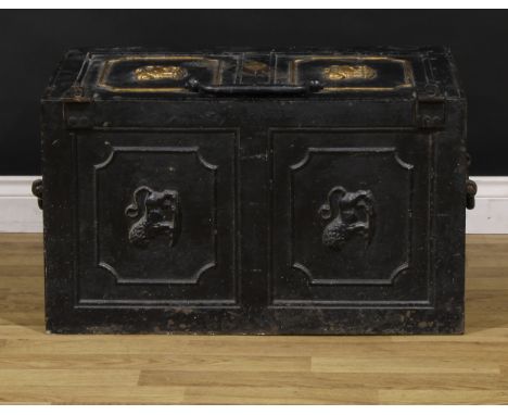 A 19th century cast iron strong box, the door and sides cast with lions, carry handles to sides, the escutcheon plate retaine