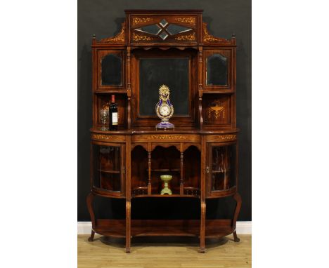 A late Victorian rosewood and marquetry parlour cabinet, shaped back with shelves and bevelled mirror plates, the base with a