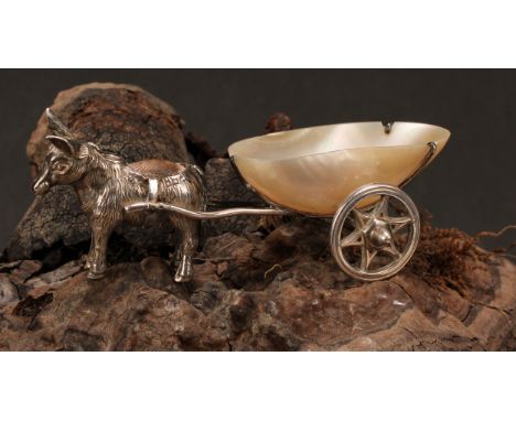 An Edwardian silver novelty pin cushion, as a donkey pulling a mother of pearl cart, 8.5cm long, Birmingham 1909 